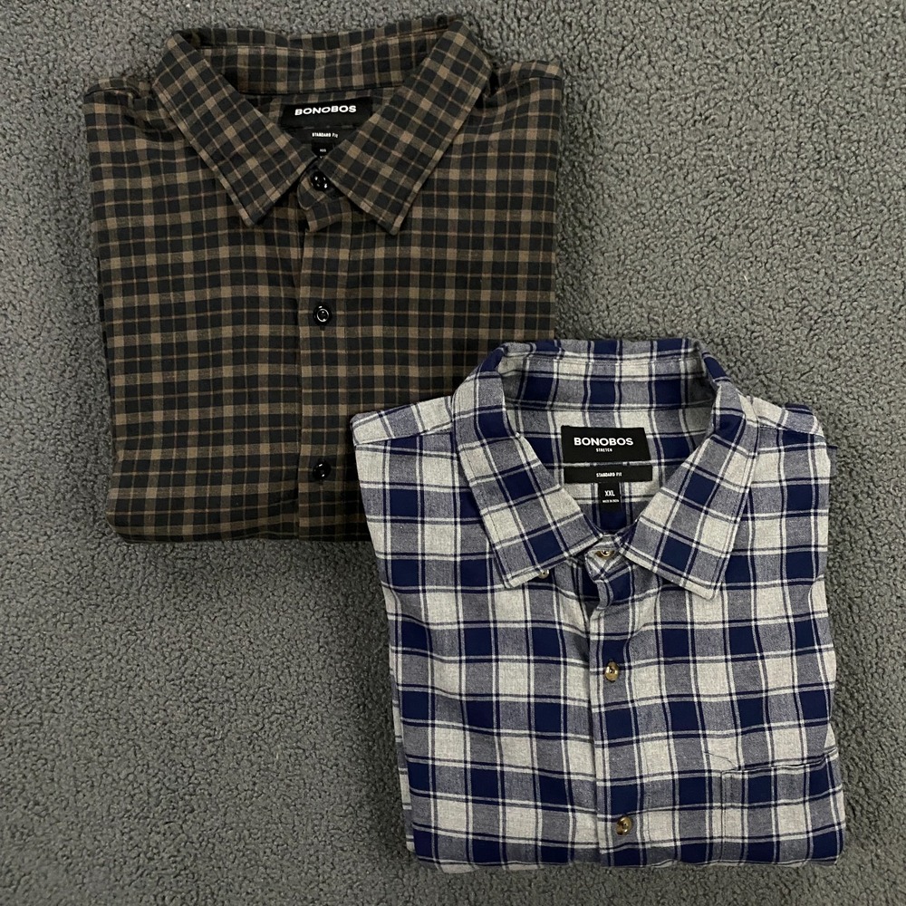 Bonobos Set of 2 Shirts Mens 2XL Flannel Stretch Button Down Plaid Long Sleeve
